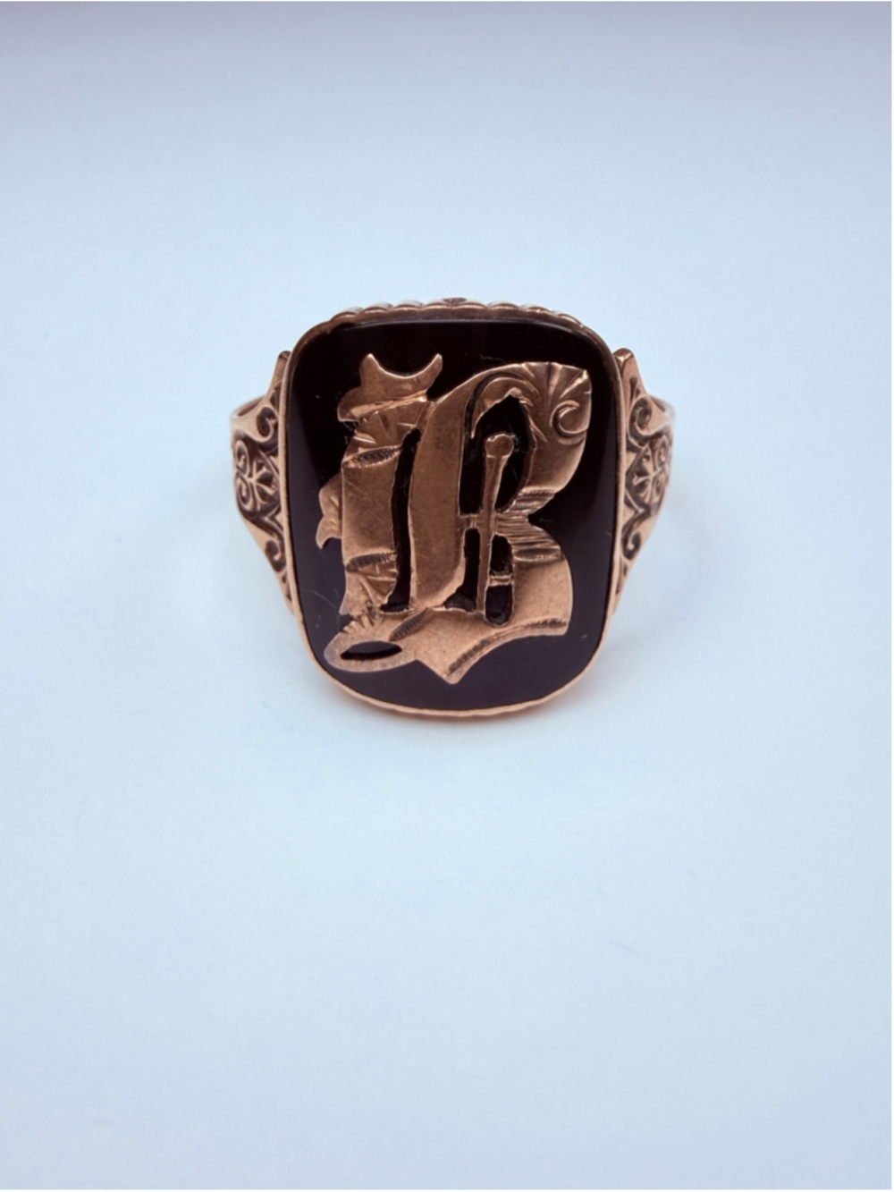 10K Solid Rose Gold Victorian Gothic Signet Monogram Initial "B" Onyx VTG Ring